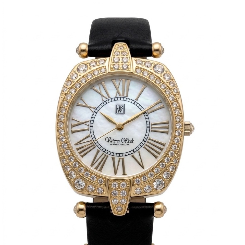 Victoria Wieck Beverly Hills Gold Tone Mother of Pearl Crystal Watch B9275 Black